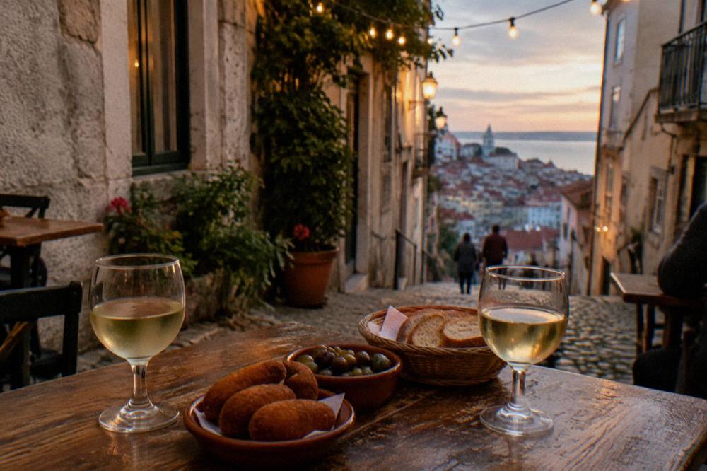 Table set with Portuguese wine glasses and petiscos at an evening food walk