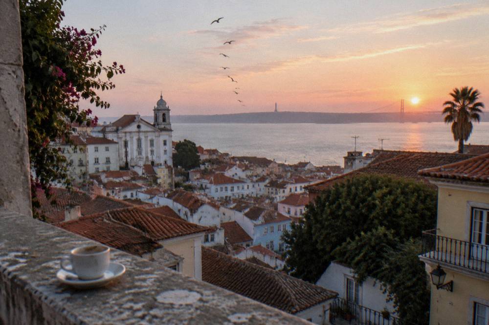 View over Alfama rooftops toward the river from a Lisbon hilltop terrace