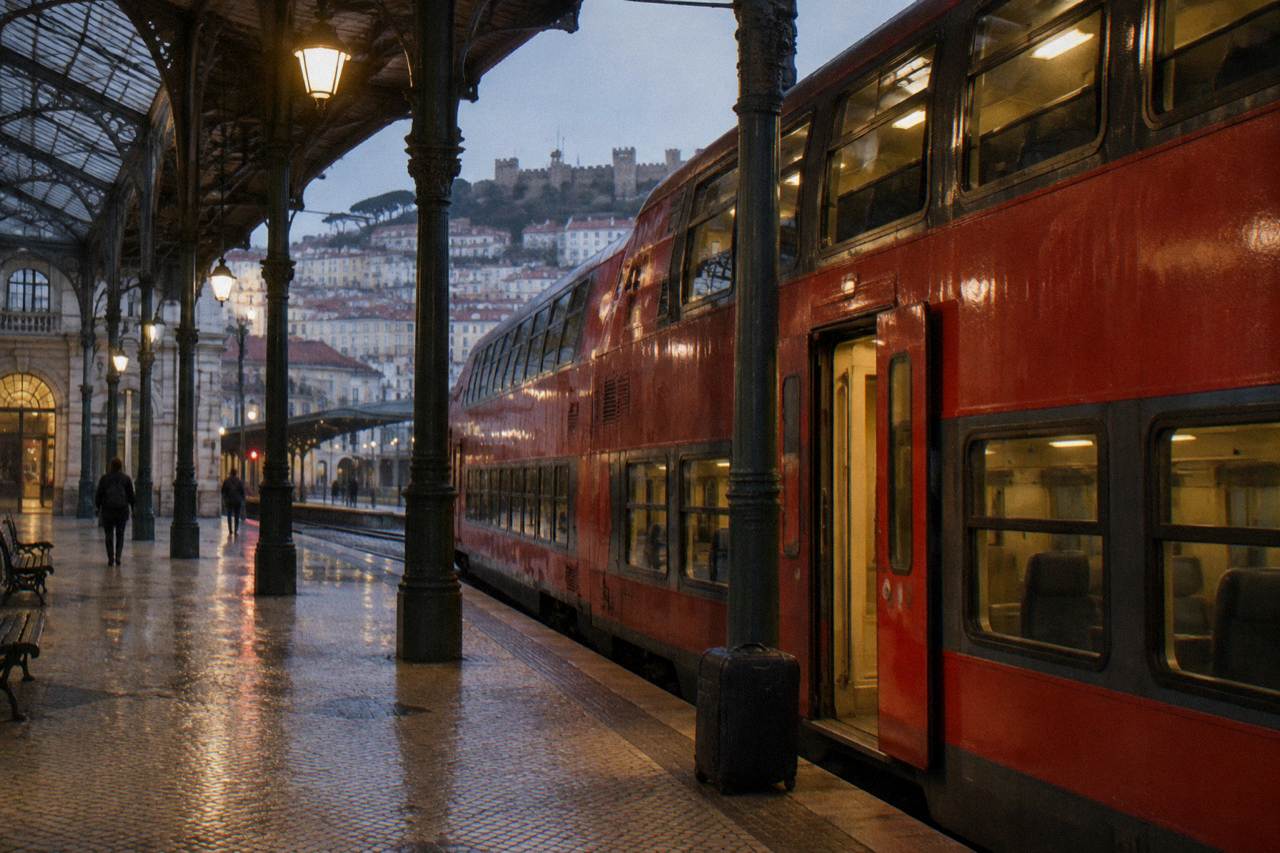 Red Sintra train at the platform of Rossio station in Lisbon