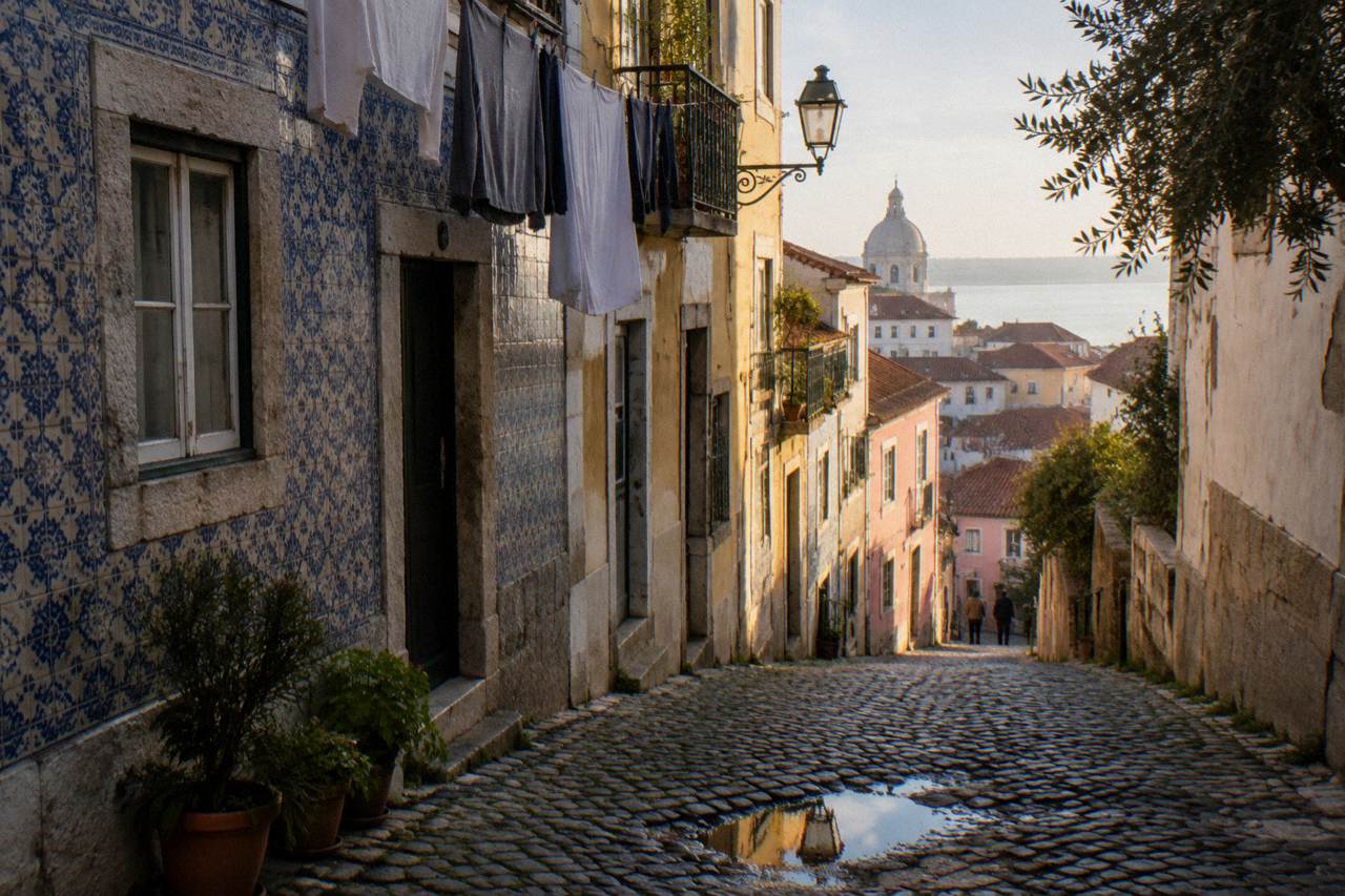 Cobbled lane in Alfama with pastel buildings rising up a hillside