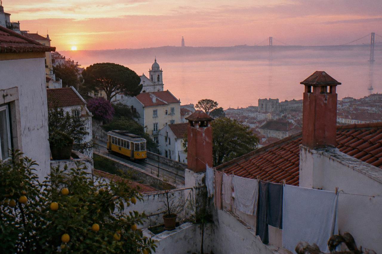 View over Lisbon rooftops and the Tagus river from a hillside terrace