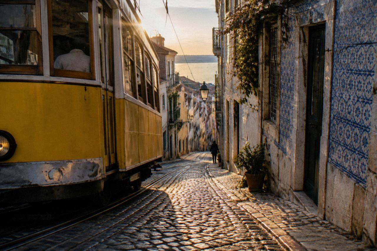 Yellow vintage tram on a narrow cobbled Lisbon street with tiled building facades